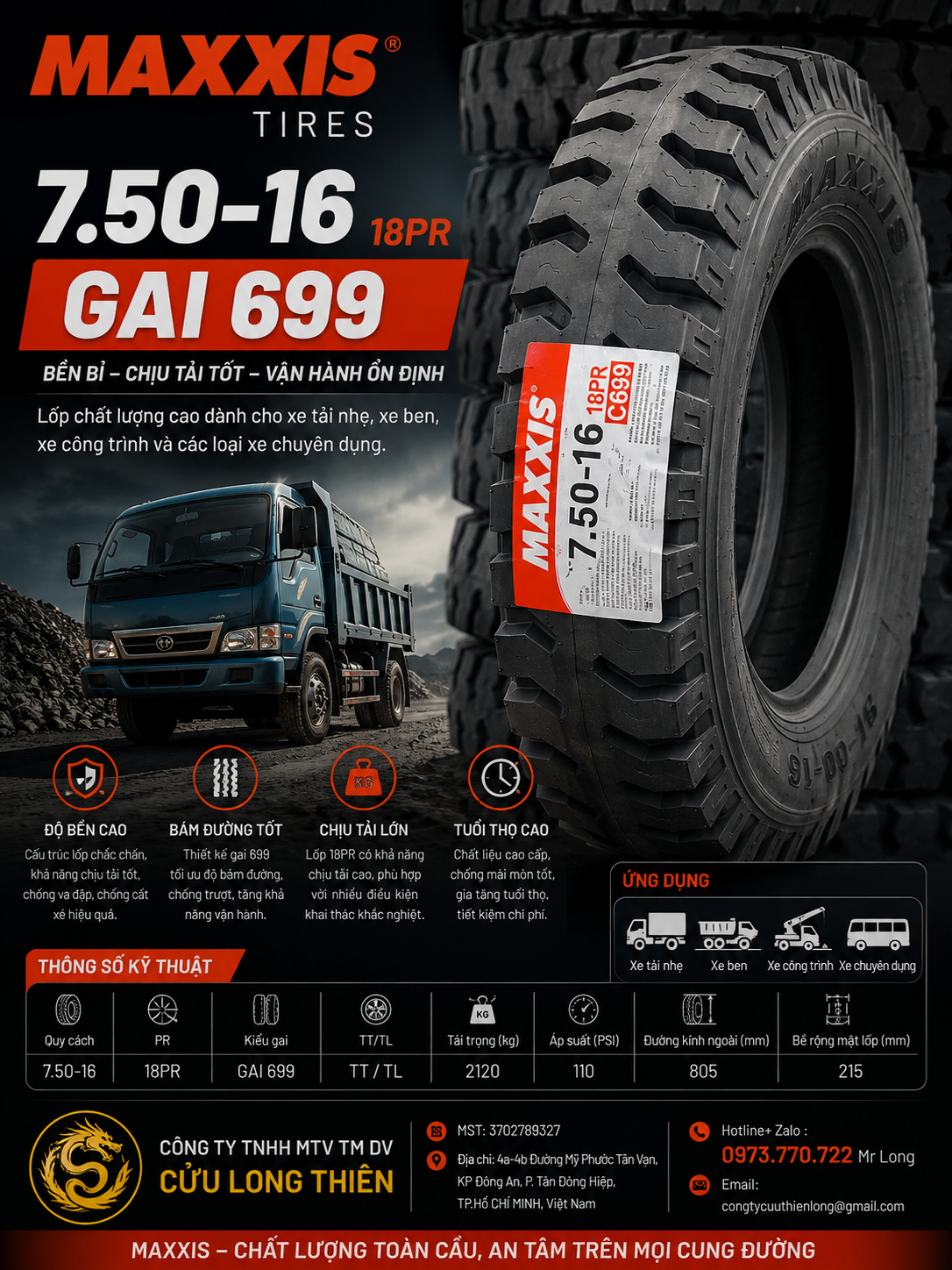 LỐP XE 7.50-16 18PR MAXXIS GAI 699 ( có ruột yếm )