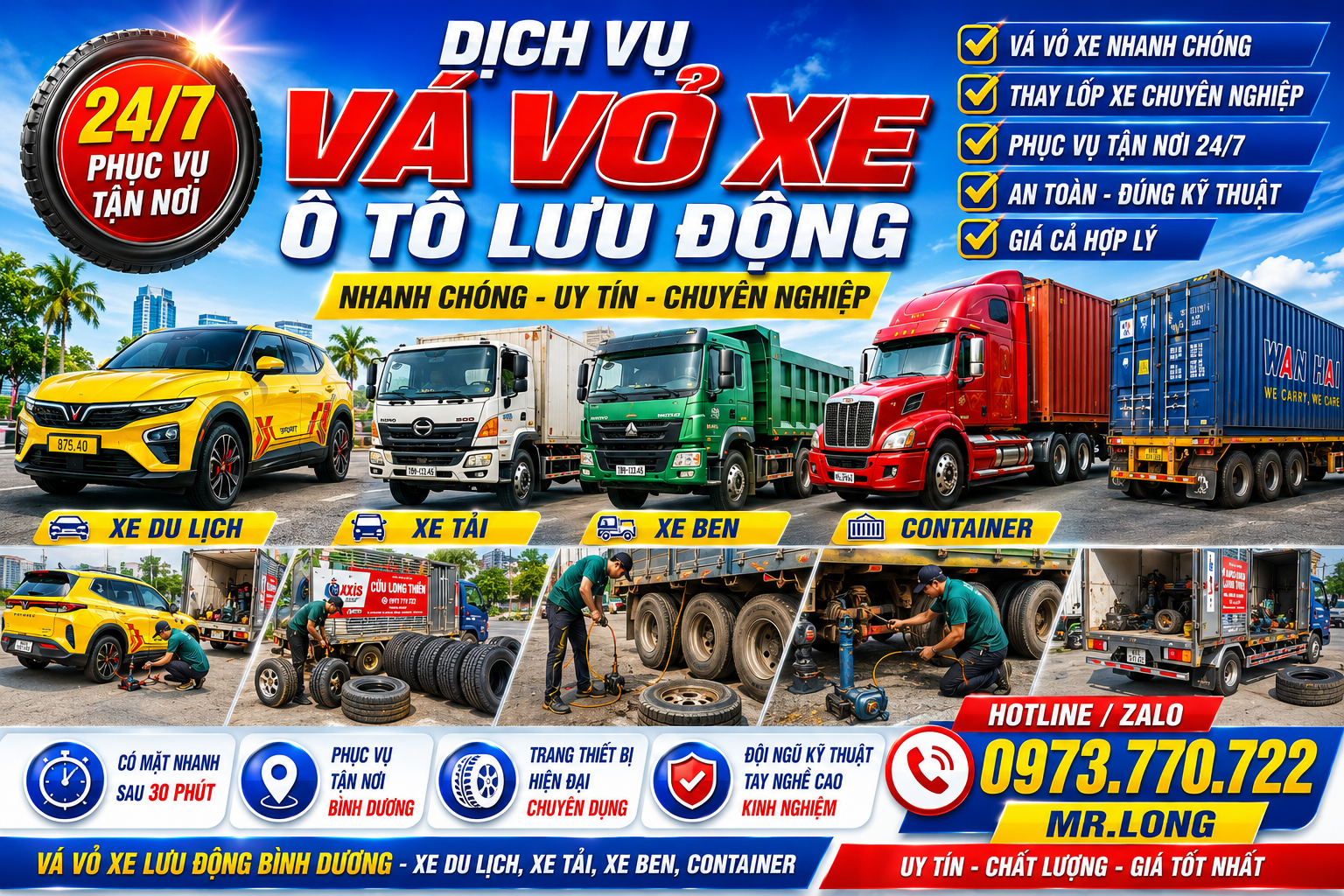 Thay Lốp Xe 24/24 Cho Xe Du Lịch, Xe Tải, Xe Ben, Container