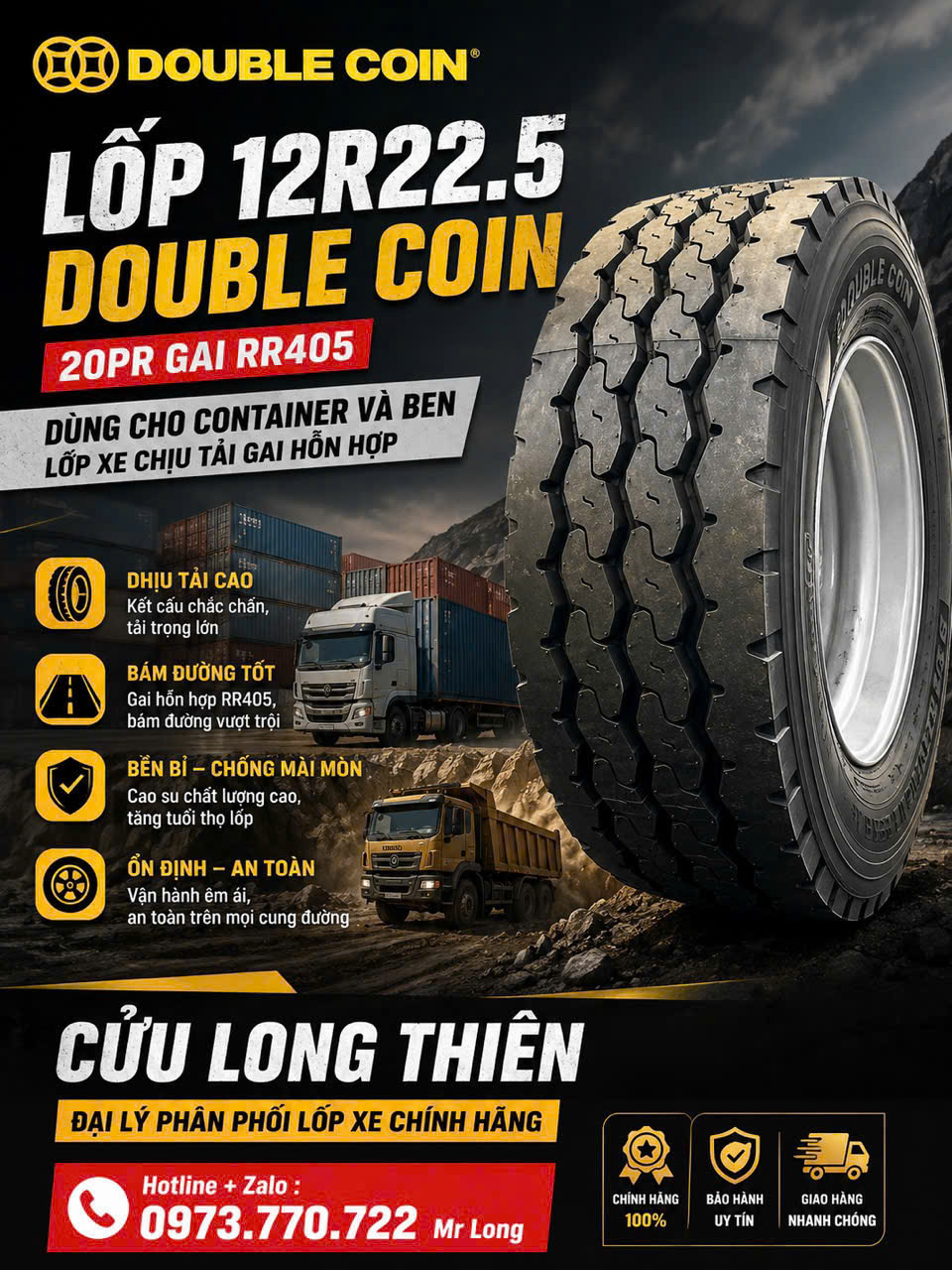 LỐP XE 12R22.5 DOUBLE COIN GAI 405 20PR