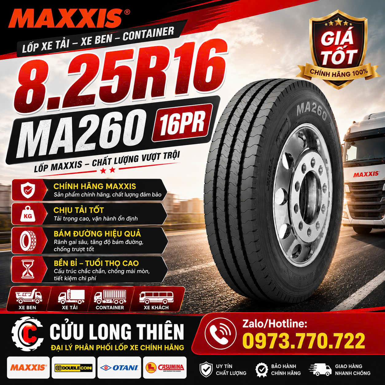 LỐP XE 8.25R16 16PR MA260 MAXXIS