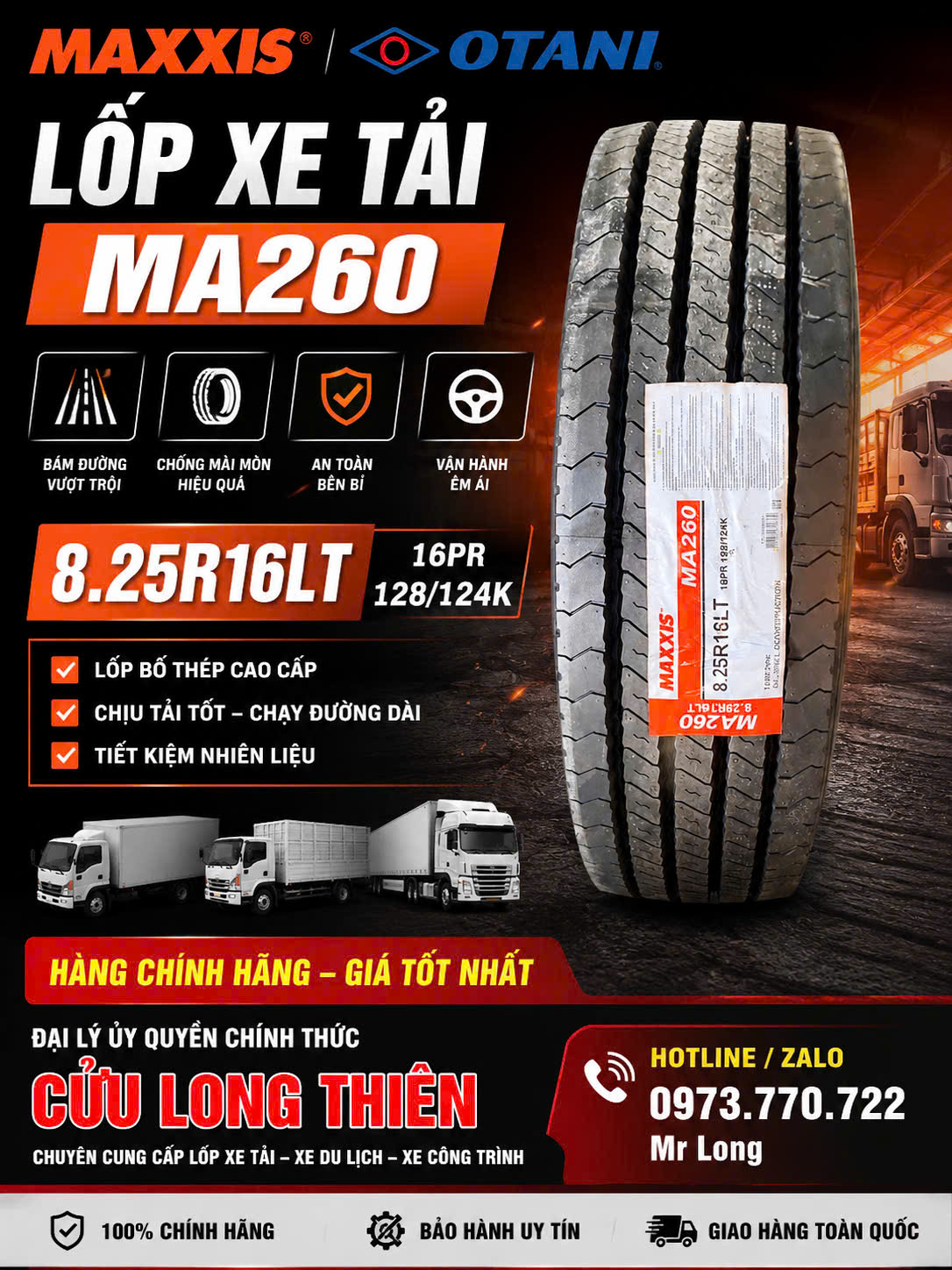 LỐP XE 8.25R16 MAXXIS 16PR GAI 260