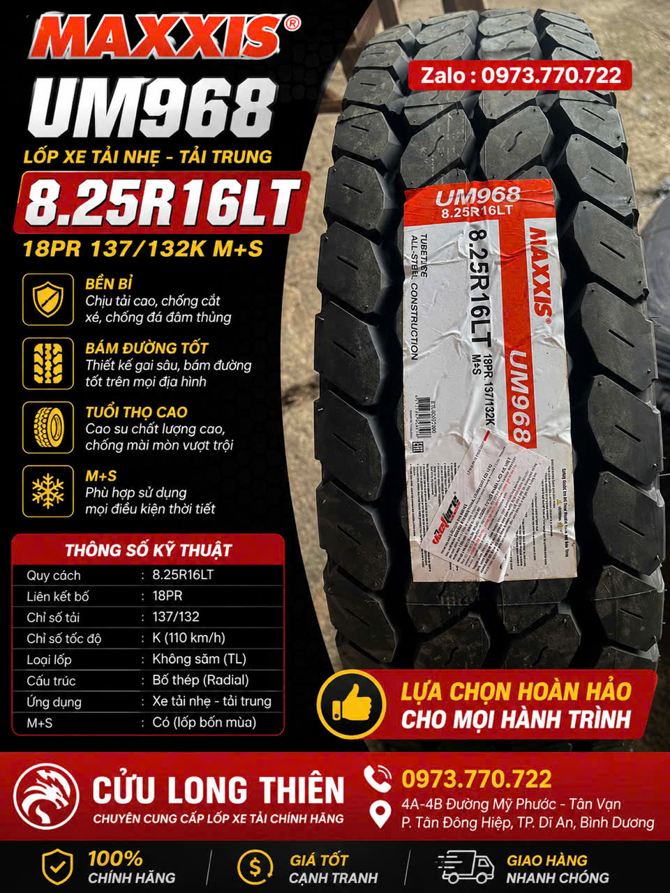 LỐP XE TẢI TRUNG 8.25R16 18PR MAXXIS UM968