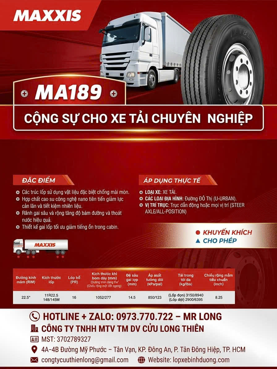Lốp Maxxis MA189 11R22.5 16PR | Lốp Xe Tải Chính Hãng Cửu Long Thiên