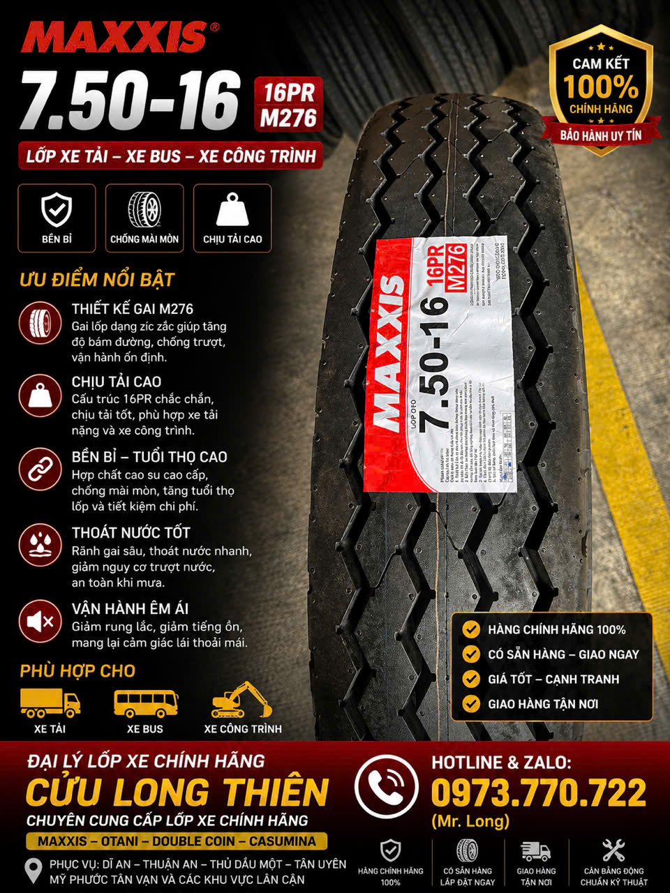 LỐP XE 7.50-16 MAXXIS 16PR GAI M276 ( có ruột, yếm )