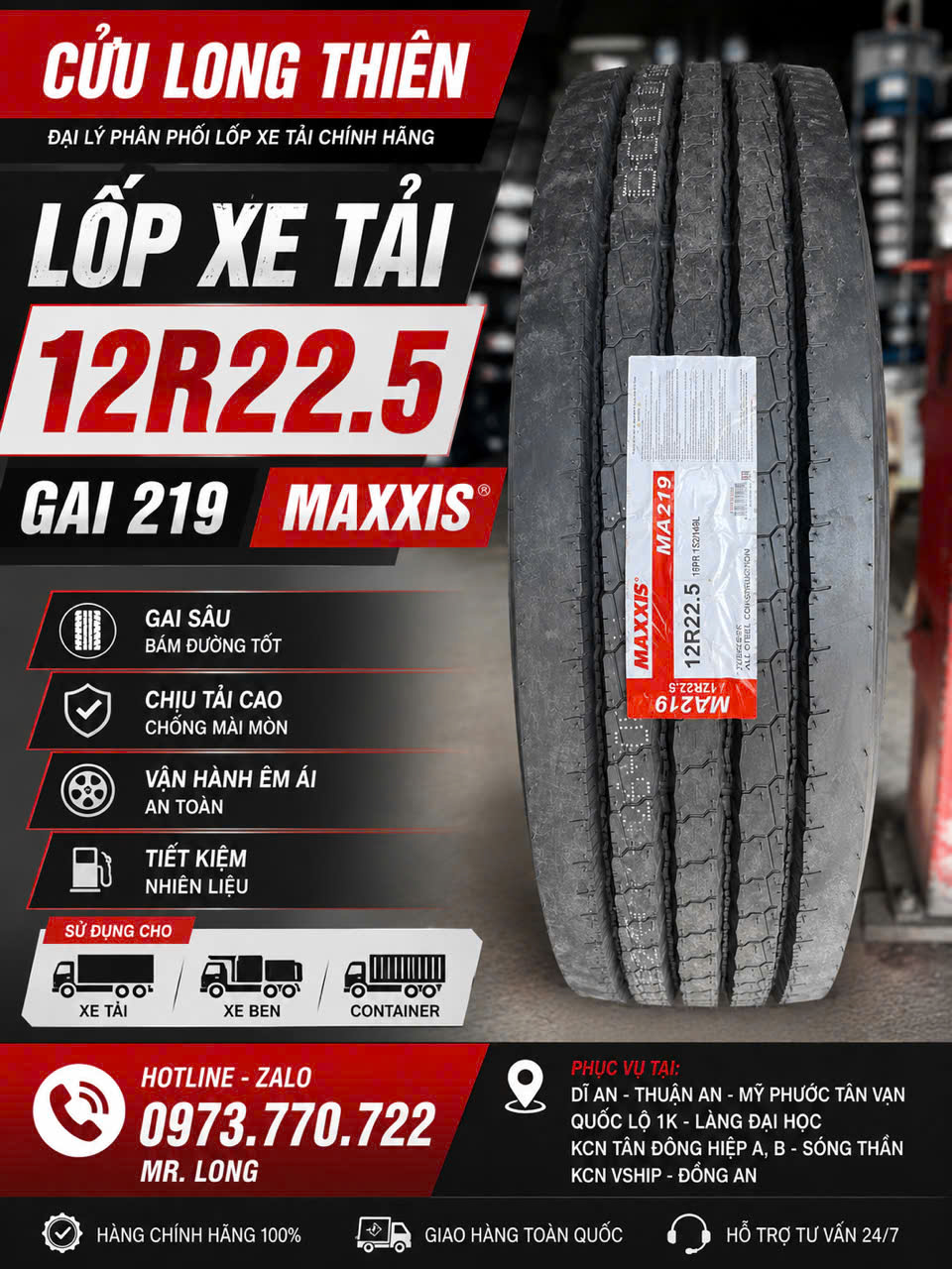 LỐP XE 12R22.5 MAXXIS GAI 219 – CHÍNH HÃNG