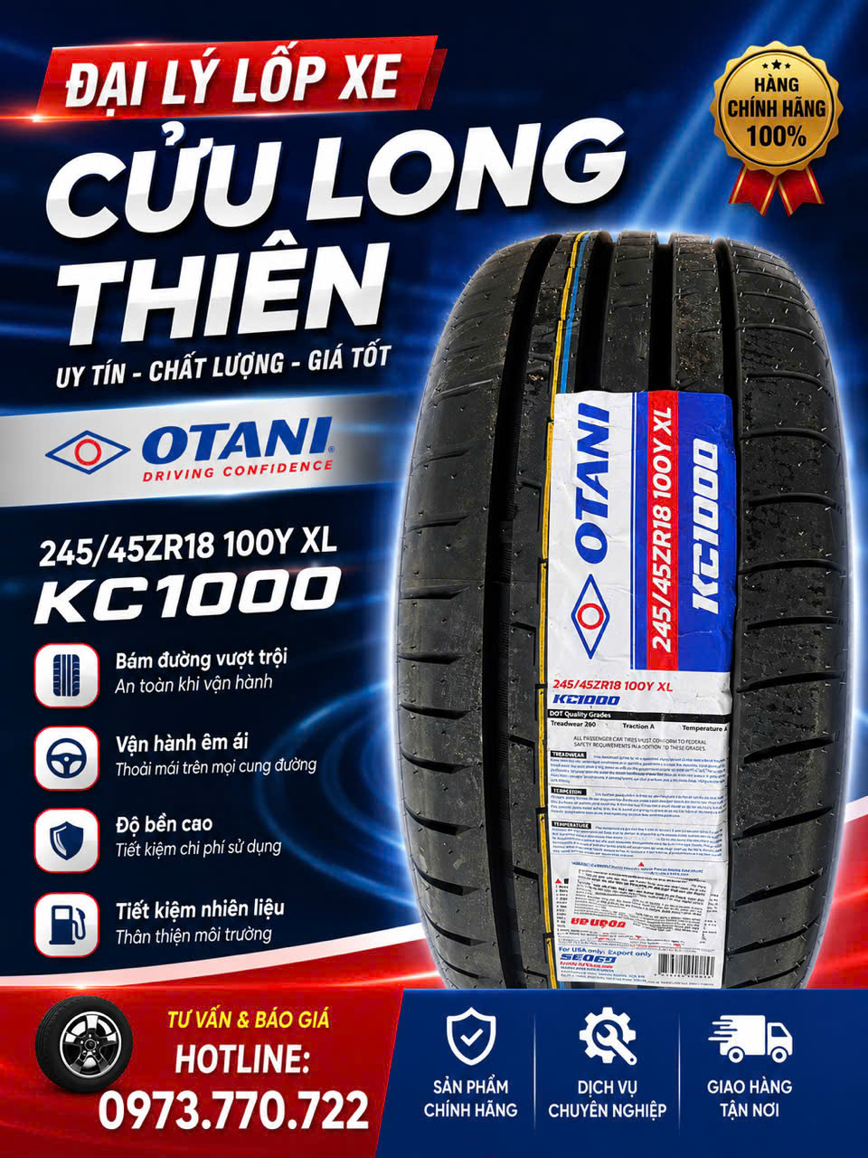 🔥 LỐP XE 245/45ZR18 100Y XL OTANI KC1000 – LỐP HIỆU SUẤT CAO CHO XE SANG, XE THỂ THAO 🚗💨  Bạn đang tìm kiếm dòng lốp OTANI 245/45ZR18 100Y XL KC1000 chính hãng cho xe cao cấp? OTANI KC1000 là dòng lốp UHP (Ultra High Performance) được thiết kế dành cho những chiếc xe yêu cầu khả năng vận hành mạnh mẽ, độ bám đường cao và cảm giác lái chính xác.  ⭐ Ưu điểm nổi bật  ✅ Gai KC1000 thể thao giúp tăng độ bám đường, kiểm soát xe tốt hơn. ✅ Khả năng vận hành ổn định khi chạy tốc độ cao. ✅ Vai lốp chắc chắn, hỗ trợ vào cua chính xác. ✅ Rãnh gai thoát nước nhanh, tăng an toàn khi trời mưa. ✅ Công nghệ XL (Extra Load) giúp tăng khả năng chịu tải. ✅ Cao su cao cấp giúp chống mài mòn, duy trì độ bền lâu dài. ✅ Giảm tiếng ồn, mang lại trải nghiệm lái thoải mái.  🚘 Phù hợp với các dòng xe  ✔️ Mercedes-Benz C-Class / E-Class (một số phiên bản) ✔️ BMW Series 3 / Series 5 (một số phiên bản) ✔️ Audi A4, A5 (một số phiên bản) ✔️ Lexus và các dòng xe sử dụng mâm 18 inch  📋 Thông số sản phẩm  🔹 Thương hiệu: OTANI 🔹 Model: KC1000 🔹 Kích thước: 245/45ZR18 🔹 Chỉ số tải: 100 (800 kg/lốp) 🔹 Tốc độ: Y (300 km/h) 🔹 Ký hiệu: XL – Extra Load 🔹 Loại lốp: Radial – Không săm 🔹 Xuất xứ: Thái Lan  💯 MUA LỐP OTANI CHÍNH HÃNG TẠI CỬU LONG THIÊN  ✔️ Lốp chính hãng – chất lượng đảm bảo. ✔️ Giá cạnh tranh – hàng sẵn kho. ✔️ Tư vấn đúng loại lốp cho từng dòng xe. ✔️ Lắp đặt chuyên nghiệp, nhanh chóng.  📍 CÔNG TY TNHH MTV TM DV CỬU LONG THIÊN 🏢 Địa chỉ: 4A–4B Đường Mỹ Phước – Tân Vạn, KP Đông An, P. Tân Đông Hiệp, TP. Dĩ An, Bình Dương 📞 Hotline/Zalo: 0973 770 722  🔥 Liên hệ ngay để nhận báo giá tốt nhất cho lốp OTANI KC1000 245/45ZR18!  #OTANI #KC1000 #24545ZR18 #LopUHP #LopXeSang #LopXeTheThao #LopOTo #LopChinhHang #CuuLongThien #LopXeBinhDuong