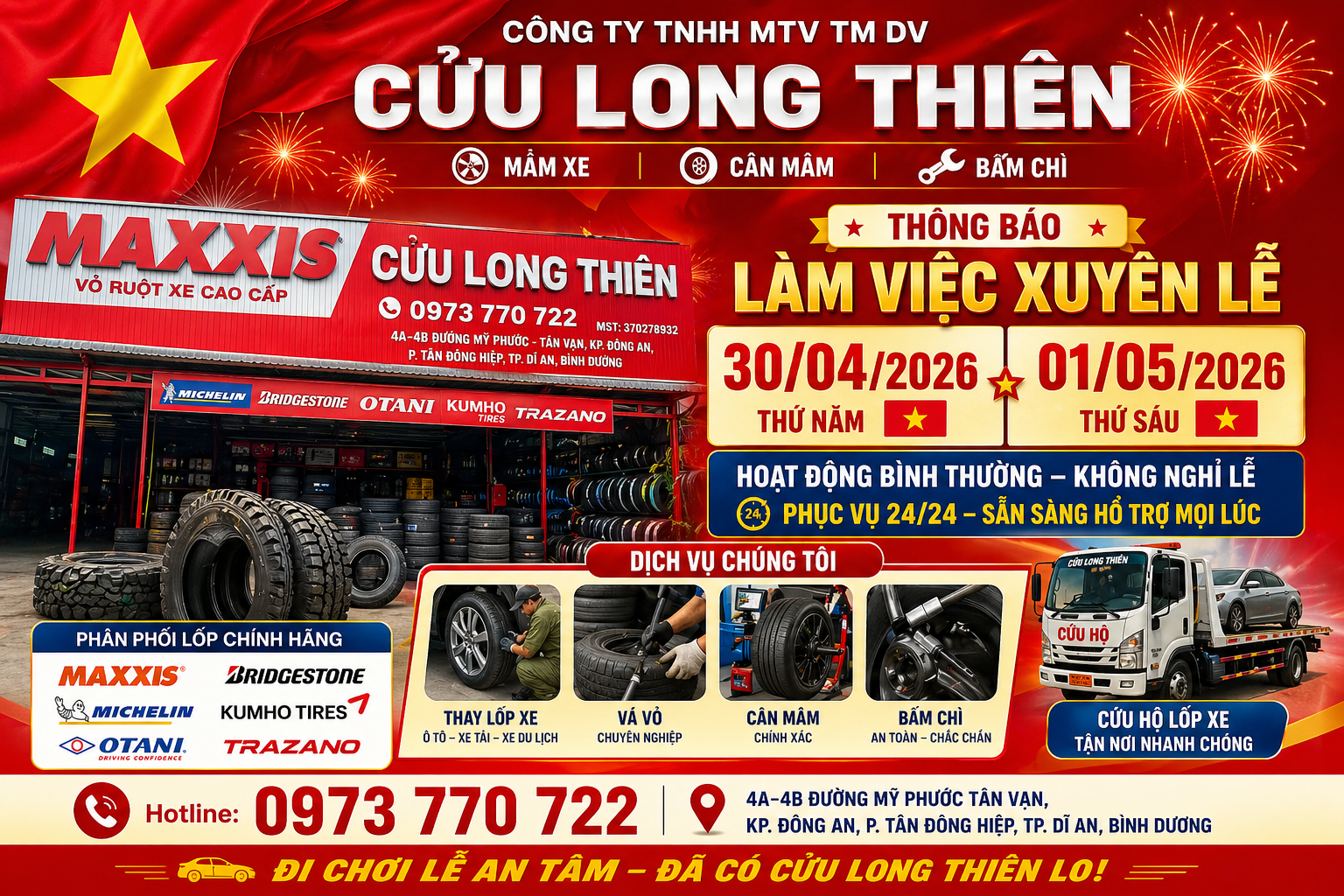 DỊCH VỤ TƯ VẤN THAY LỐP XE CHUYÊN NGHIỆP / PHỤC VỤ CÁC NGÀY LỄ 24/24