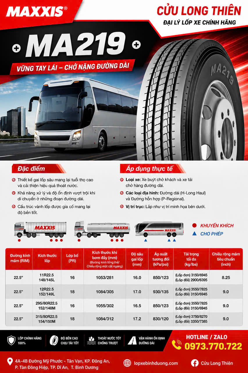 Lốp Maxxis MA219 11R22.5, 12R22.5, 295/80R22.5, 315/80R22.5 | Cửu Long Thiên