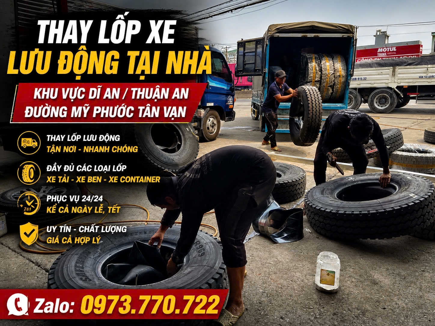 DỊCH VỤ VÁ VỎ XE LƯU ĐỘNG BÌNH DƯƠNG 24/24 – CỨU HỘ NHANH CHÓNG TẠI DĨ AN, THUẬN AN, THỦ DẦU MỘT