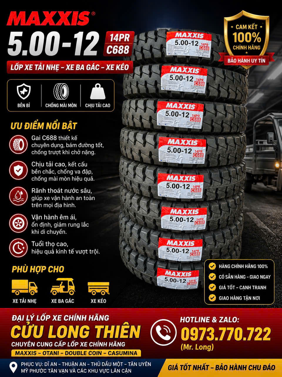 LỐP XE 5.00-12 14PR MAXXIS GAI 688 ( có ruột )